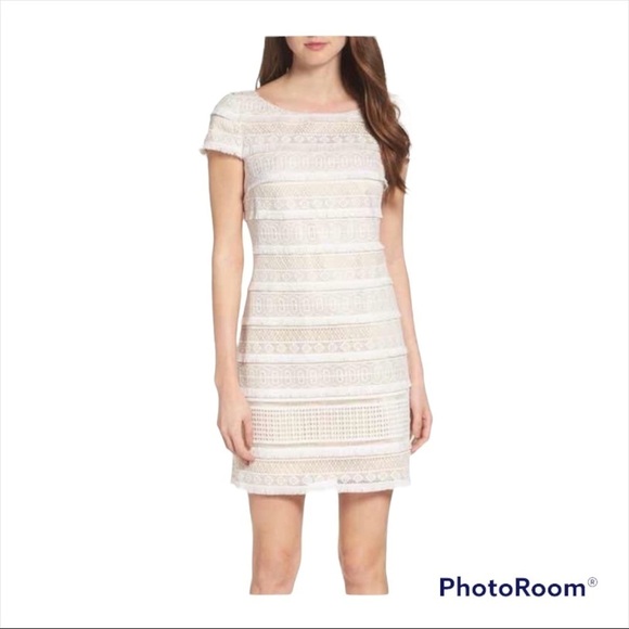 ELIZA J White Nude Lace Fringe Cap Sleeve Mini Shift Dress Size 16W - Picture 2 of 8